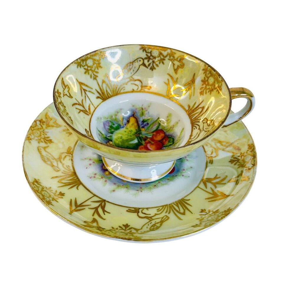 Teacup and Saucer Vintage Old Gold Japan Hand Painted Fruit and Birds